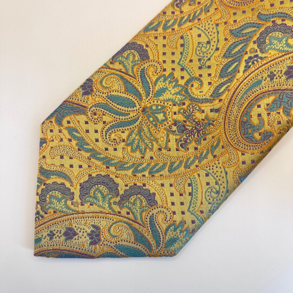 Steven Land Tie Mens OS Gold Paisley Excellent Hi-Density Silk Hand Made
